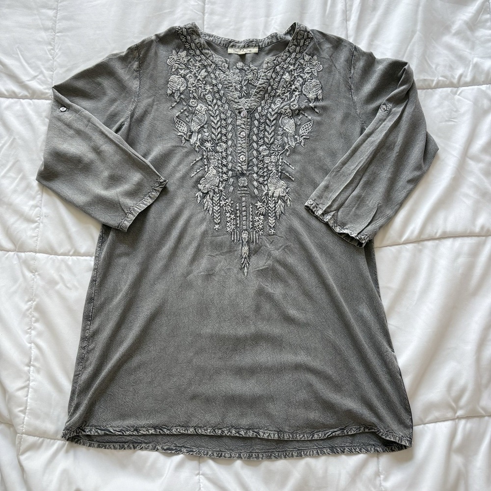 Solitaire Blouse Top Womens Medium Gray Floral Boho Hippie Feminine Beach Summer - Picture 1 of 8